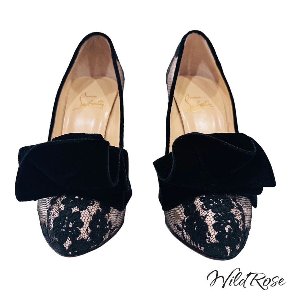 CHRISTIAN LOUBOUTIN “Lady Page” Black Floral Lace &Velvet Nude Heels SZ 36 - Picture 4 of 17